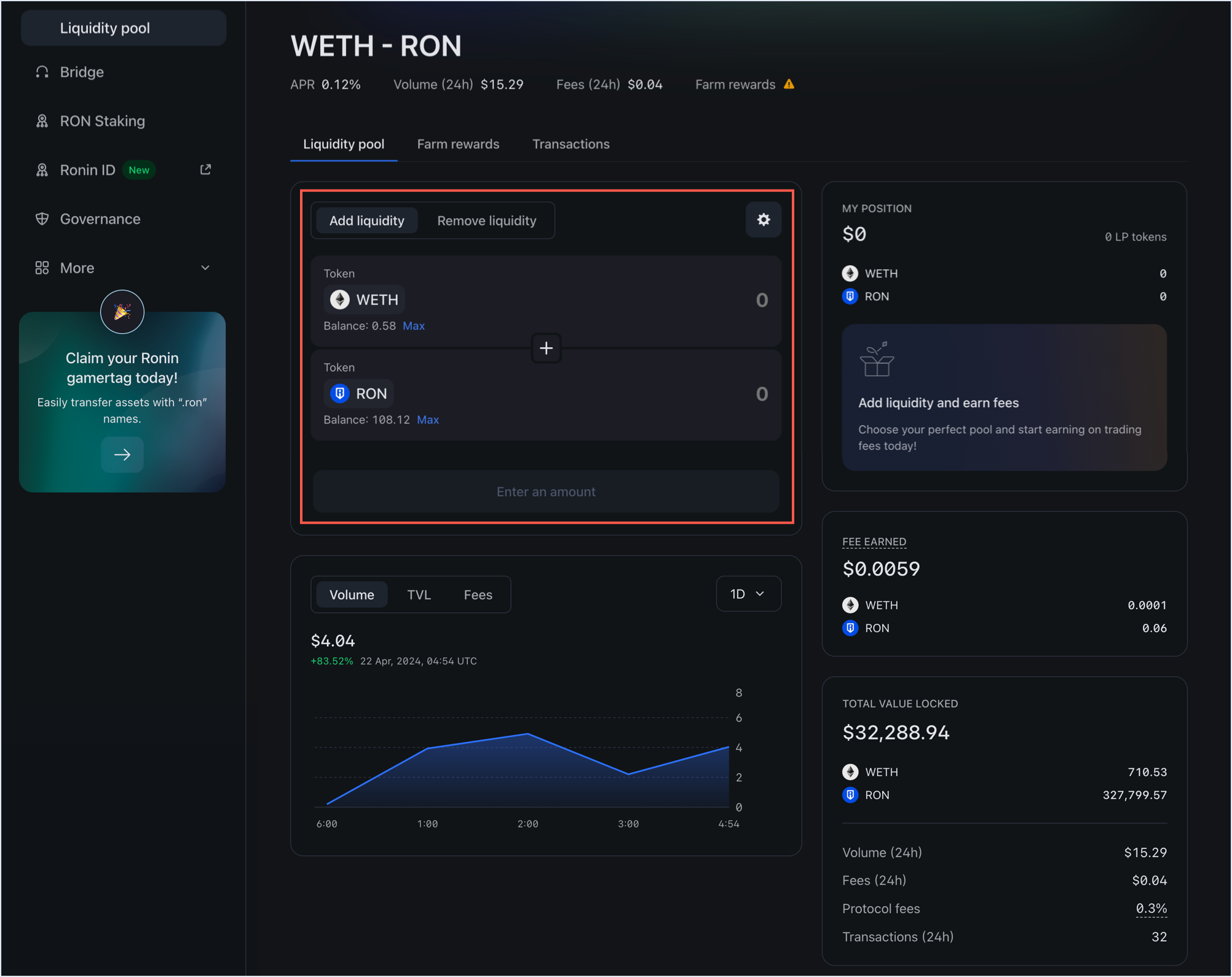 Add liquidity panel